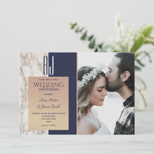 ネイビエレガントーブルー金ゴールド写真結婚の 招待状 (スタンド正面)