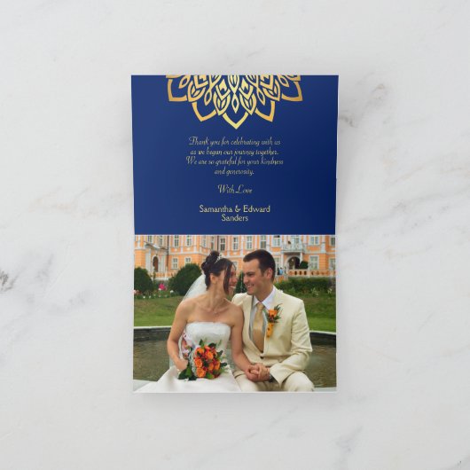 ネイビエレガントーブルー金ゴールド写結婚真ズ サンキューカード (内部)