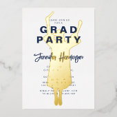 ネイビエレガントーブルー金ゴールド卒業パーティー 箔招待状 (正面)