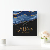 ネイビエレガントーブルー金ゴールド大理石ゲート名 スクエア壁時計 (ホーム)