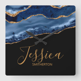 ネイビエレガントーブルー金ゴールド大理石ゲート名 スクエア壁時計