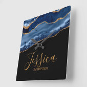 ネイビエレガントーブルー金ゴールド大理石ゲート名 スクエア壁時計 (傾斜)