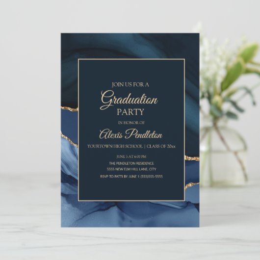 ネイビエレガントーブルー金ゴールド大理石瑪瑙の卒業 招待状 (スタンド正面)