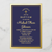 ネイビエレガントーブルー金ゴールド宗教十字洗礼 箔招待状 (正面)