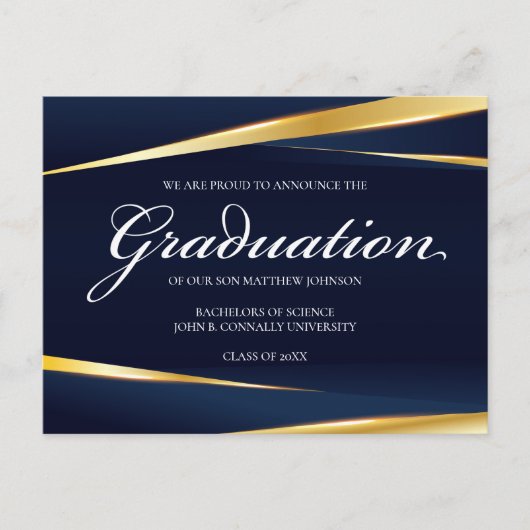 ネイビエレガントーブルー金ゴールド幾何フォーマル卒業 ポストカード (正面)