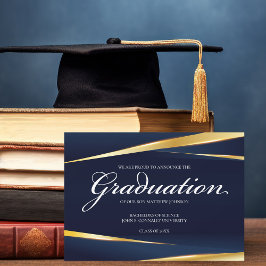 ネイビエレガントーブルー金ゴールド幾何フォーマル卒業 案内状