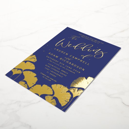 ネイビエレガントーブルー金ゴールド書道結婚の 箔招待状 (回転した状態)