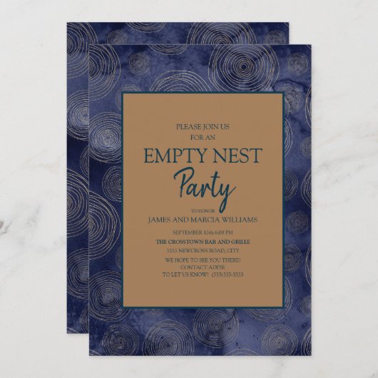 ネイビエレガントーブルー金ゴールド空のネストパーティー 招待状 (正面/裏面)