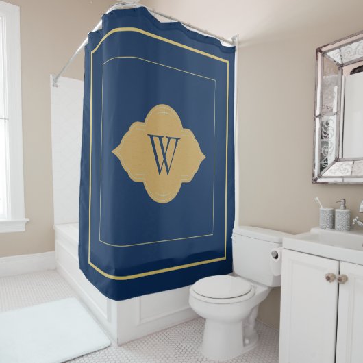 ネイビエレガントーブルー金ゴールド縁どモノグラムレター シャワーカーテン (インサイチュ)