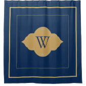 ネイビエレガントーブルー金ゴールド縁どモノグラムレター シャワーカーテン (正面)