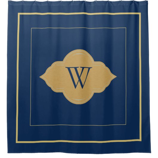 ネイビエレガントーブルー金ゴールド縁どモノグラムレター シャワーカーテン (正面)