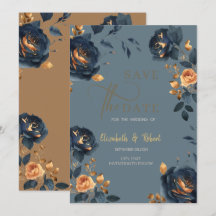 ネイビエレガントーブルー金ゴールド花の日付を保存