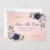 ネイビエレガントーブルー金ゴールド赤面ピンクフローラズ結婚 案内ポストカード (正面/裏面)