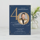 ネイビエレガントーブルー金ゴールド40歳の誕生日 招待状 (スタンド正面)