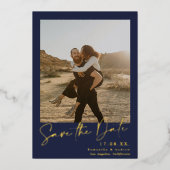 ネイビエレガントーブルー2枚の写真が日付を保存 箔招待状 (正面)