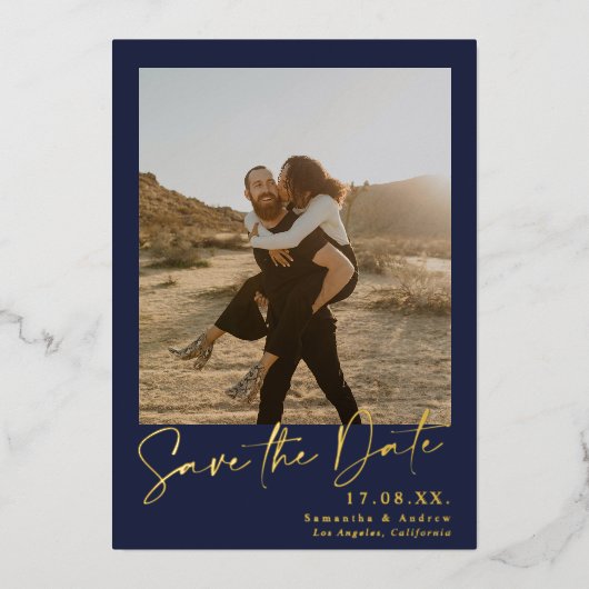 ネイビエレガントーブルー2枚の写真が日付を保存 箔招待状 (正面)