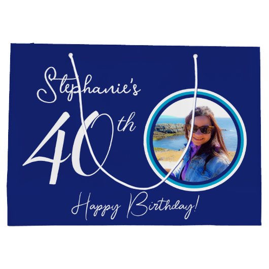 ネイビエレガントーブルー40th誕生日の写真 ラージペーパーバッグ (裏面)