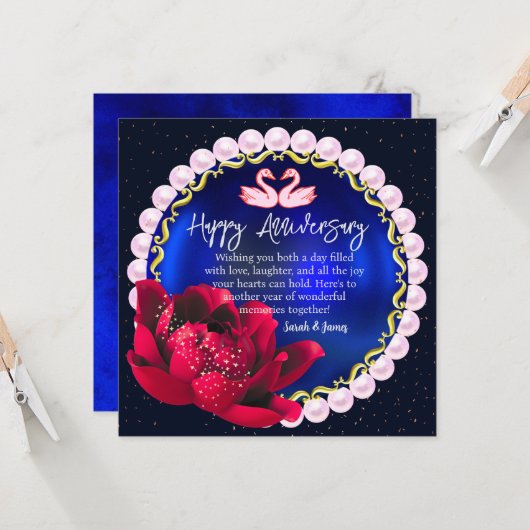 ネイビエレガントーブルー5thハッピーズ結婚アニバーサリー カード (正面/裏面インサイチュ)