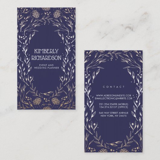 ネイビエレガントーブルー&ゴールドフォイルフローラ 名刺 (正面/裏面)