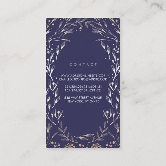 ネイビエレガントーブルー&ゴールドフォイルフローラ 名刺 (裏面)