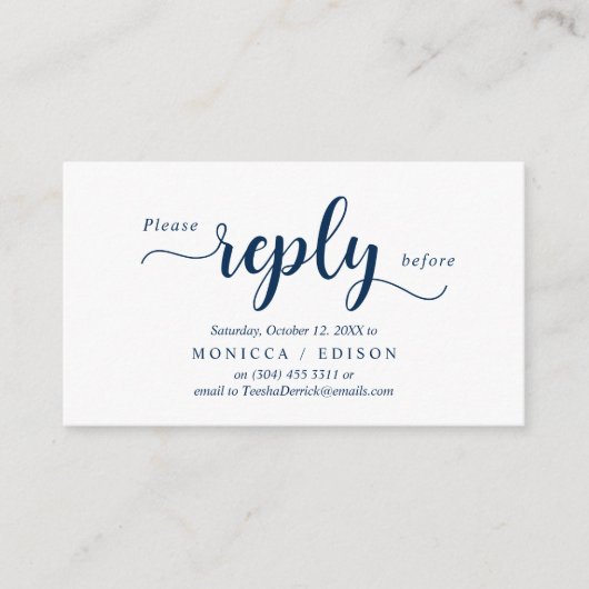 ネイビエレガントーブルー、パーティーRSVP、応答 エンクロージャーカード (正面)