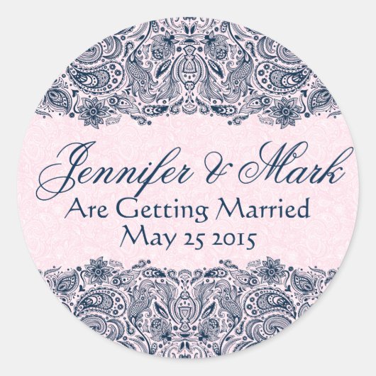 ネイビエレガントーブルー&ピンケフローラペイズリーレース ラウンドシール (正面)