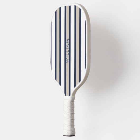 ネイビエレガントーブルー&ベージュストライプズパーソナライズされた ピックルボールラケット (左)