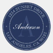 ネイビエレガントーブルー&ホワイトモノグラムの住所 ラウンドシール (正面)