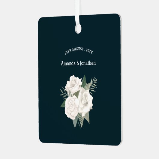 ネイビエレガントーブルー&ホワイトローズ結婚ズホリデー メタルオーナメント (正面左)