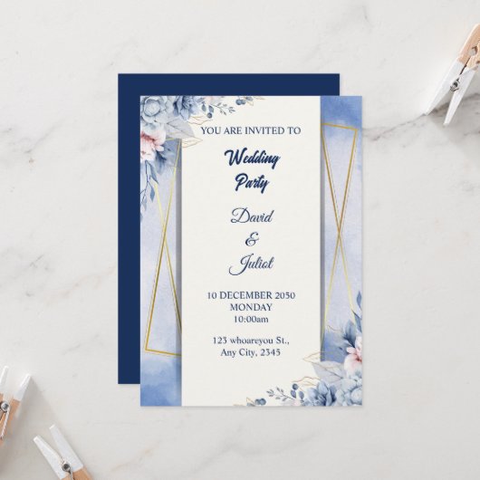 ネイビエレガントーブルー&ホワイト 招待状 (正面/裏面インサイチュ)