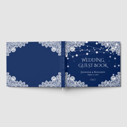 ネイビエレガントーブルー&レース結婚ズゲストブック ゲストブック (全面)