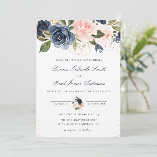 ネイビエレガントーブルー&赤面フローラ結婚ズ 招待状 (スタンド正面)