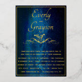 ネイビエレガントーブルー&金ゴールドの結婚妖精のライト 箔招待状 (正面)