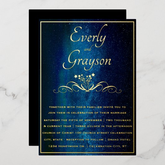 ネイビエレガントーブルー&金ゴールドの結婚妖精のライト 箔招待状 (正面/裏面)