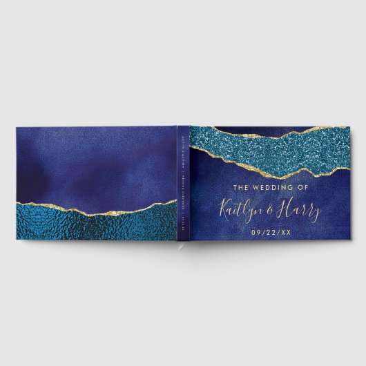 ネイビエレガントーブルー&金ゴールドアゲート結婚ズ ゲストブック (全面)