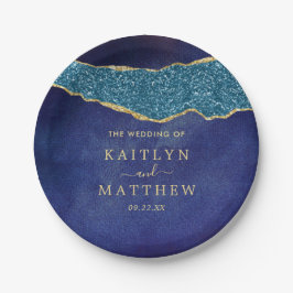 ネイビエレガントーブルー&金ゴールドアゲート結婚ズ ペーパープレート