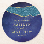 ネイビエレガントーブルー&金ゴールドアゲート結婚ズ ラウンドペーパーコースター (正面)