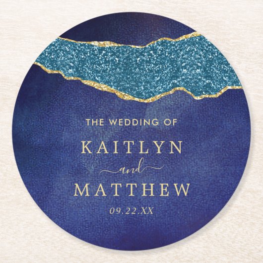 ネイビエレガントーブルー&金ゴールドアゲート結婚ズ ラウンドペーパーコースター (正面)
