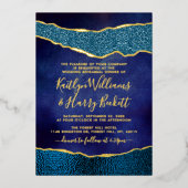 ネイビエレガントーブルー&金ゴールドアゲート結婚ズ・リハーサル 箔招待状 (正面)