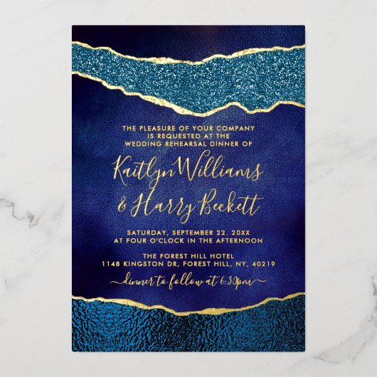 ネイビエレガントーブルー&金ゴールドアゲート結婚ズ・リハーサル 箔招待状 (正面)