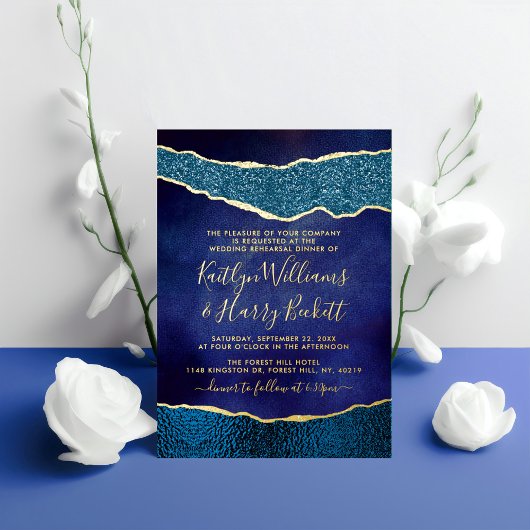 ネイビエレガントーブルー&金ゴールドアゲート結婚ズ・リハーサル 箔招待状