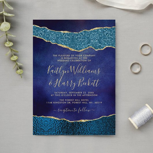 ネイビエレガントーブルー&金ゴールドアゲート結婚ズ 招待状