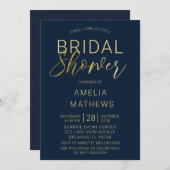 ネイビエレガントーブルー&金ゴールドスクリプトブライダルシャワー 招待状 (正面/裏面)
