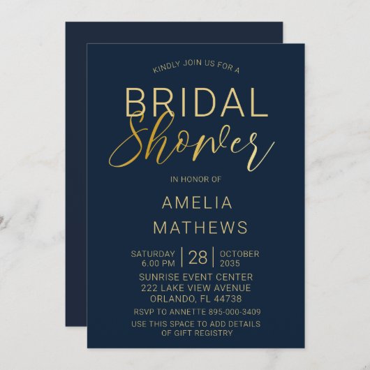 ネイビエレガントーブルー&金ゴールドスクリプトブライダルシャワー 招待状 (正面/裏面)
