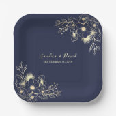 ネイビエレガントーブルー&金ゴールドフローラ結婚ズ ペーパープレート (正面)
