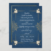 ネイビエレガントーブルー&金ゴールドフローラ結婚式招待状 招待状 (正面/裏面)