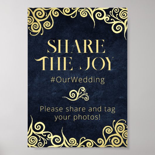 ネイビエレガントーブルー&金ゴールドラベルあなたの写真結婚 ポスター (正面)