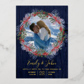 ネイビエレガントーブルー&金ゴールド冬フローラ結婚ズ 箔招待状 (正面)