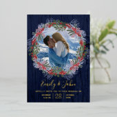 ネイビエレガントーブルー&金ゴールド冬フローラ結婚ズ 箔招待状 (立ち正面)