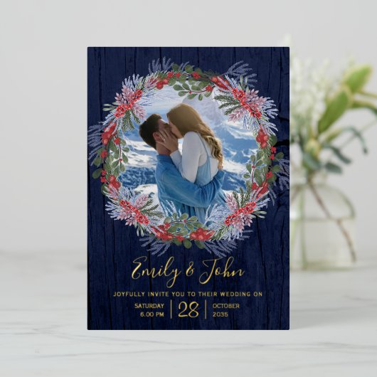 ネイビエレガントーブルー&金ゴールド冬フローラ結婚ズ 箔招待状 (立ち正面)